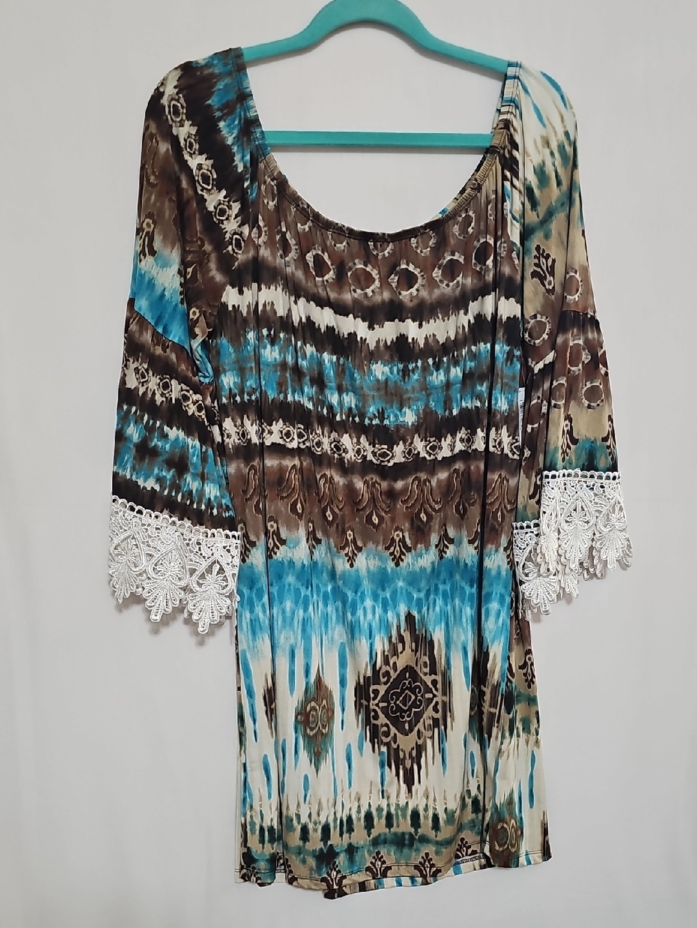 Auditions Brown & Turquoise Boho Lace Sleeve Dress Fits XL Thru 3XL